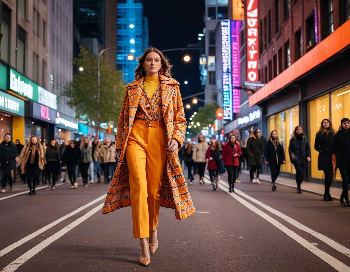 A stylish, confident woman walking down a bustling city street, transitioning from a glamorous runway fashion show, illuminated by flashing camera lights. The scene vividly blends high-fashion aesthetics with everyday wearable style. Diverse, trendy outfits showcase seasonal colors and patterns. super-realistic. vibrant colors. urban background. stylish and contemporary art.