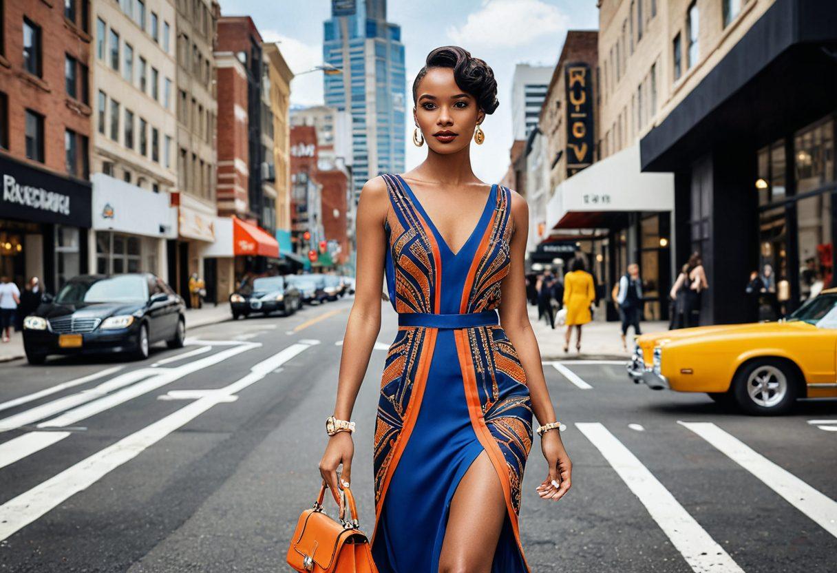 A glamorous woman confidently struts on a chic urban runway in high fashion attire, surrounded by vibrant beauty and fashion accessories like makeup palettes, elegant shoes, and stylish handbags. The backdrop showcases a modern cityscape with bustling boutique stores and stylish street art. Art Deco elements frame the scene, enhancing the feeling of timeless elegance. super-realistic. vibrant colors. white background.